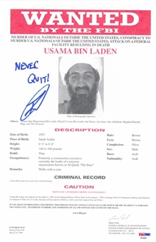 U.S Navy Seal Robert J. ONeill Signed & Inscribed "Never Quit" F.B.I. Wanted Poster (PSA/DNA)
